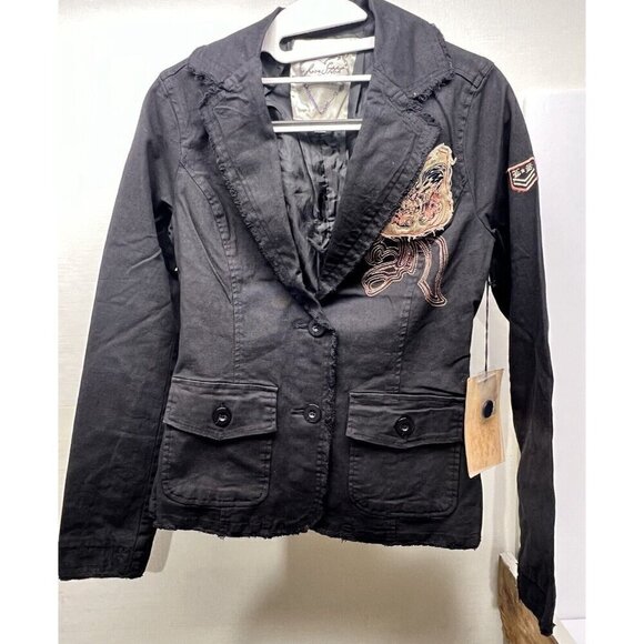 Love Stitch Woman’s Black Jean Jacket Blazer Size Small Embroidered Raw Hem NWT - Picture 2 of 12